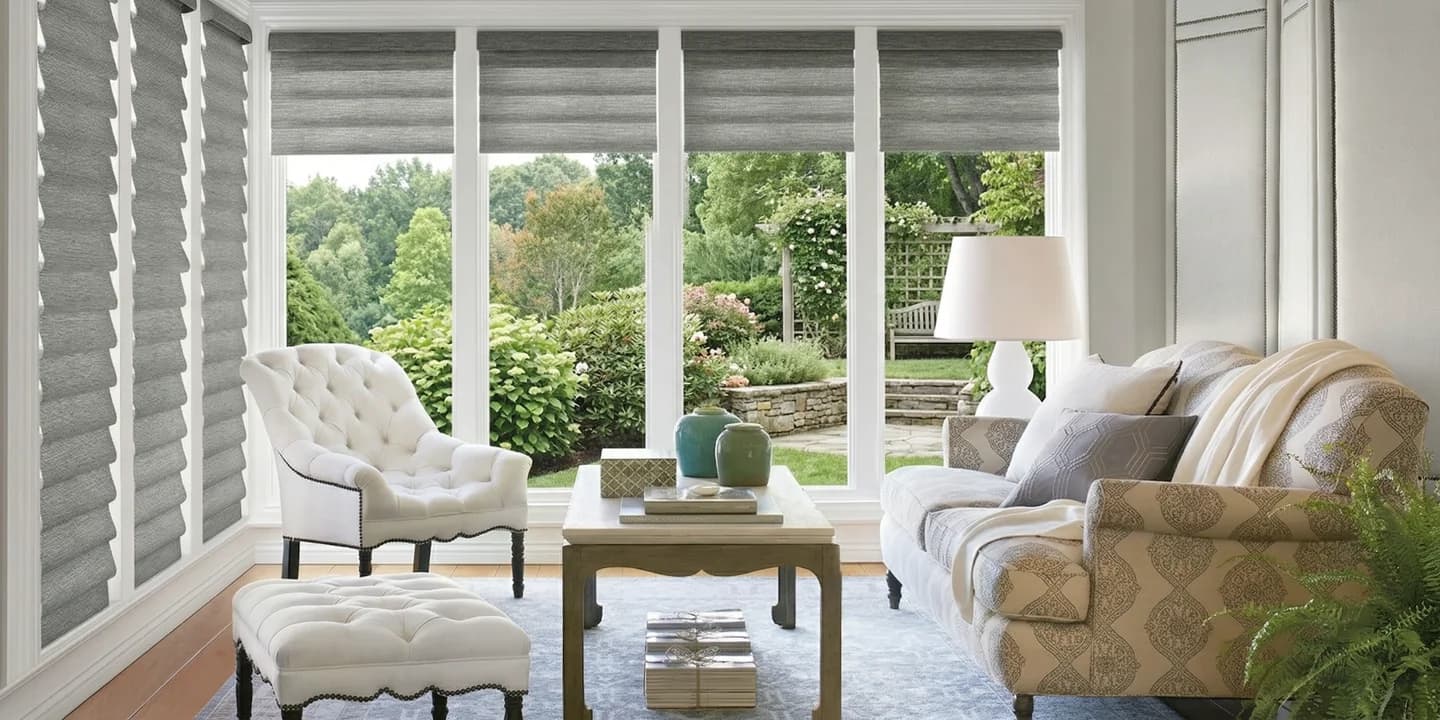 Premium Living Room with Nature View Roman Shades in Raymore